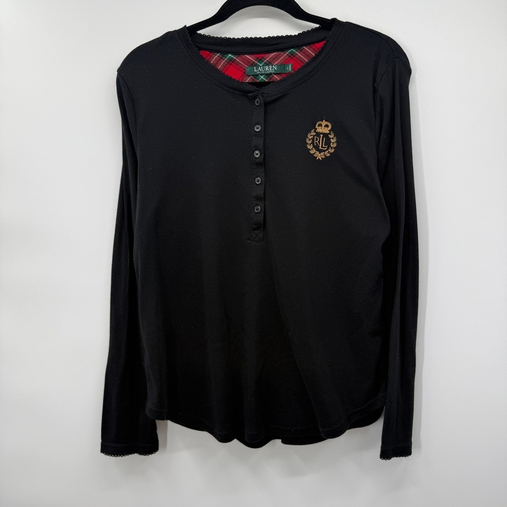 Lauren Ralph Lauren Womens Large Henley Top Black Crest Embroidery Long Sleeve